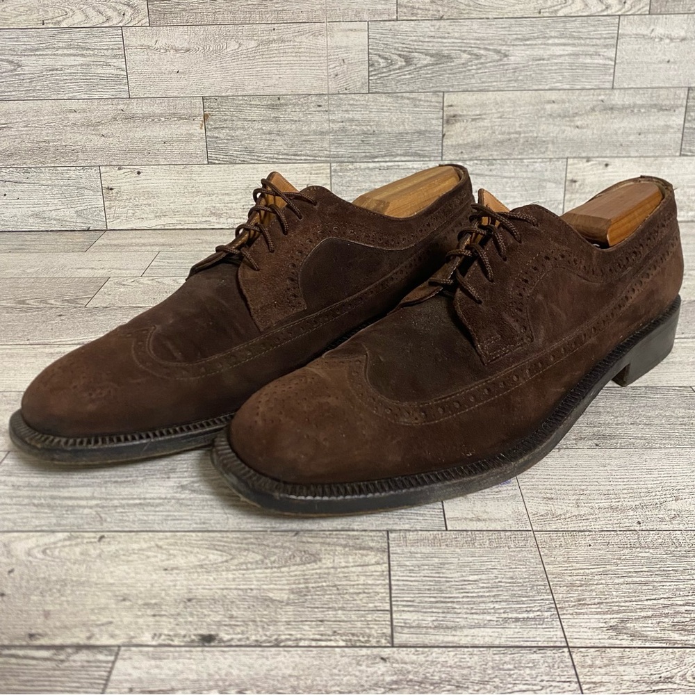 Men’s Ferragamo Brown Suede Leather Wingtip Lace Up Oxfords Dress Shoes Sz 8.5D